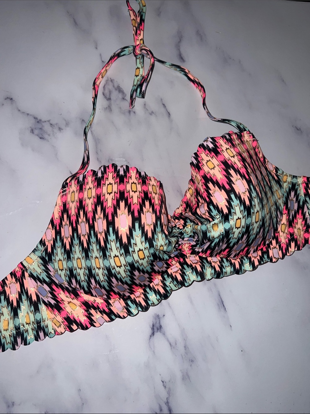 Victoria’s Secret Scalloped Halter Bikini Top - Pink & Teal Foil Aztec Print 36C